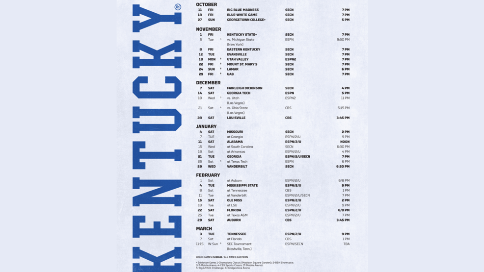 UK men's basketball schedule times, TV complete WDKY