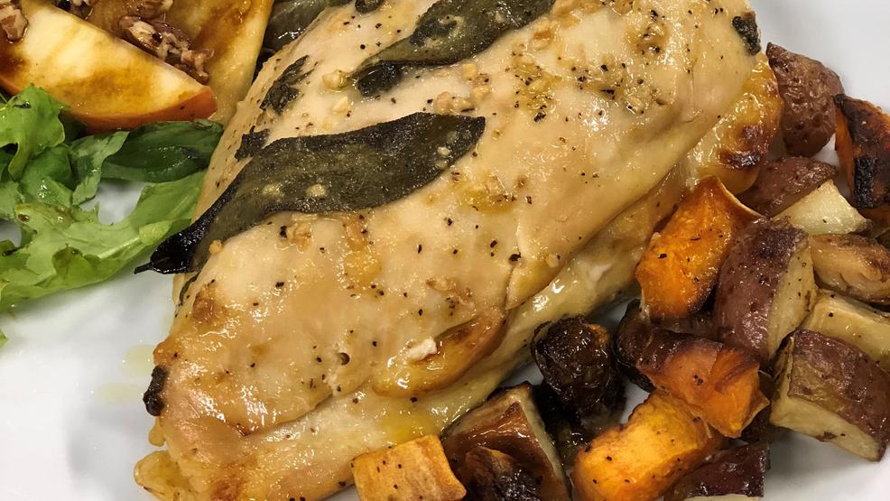 apple and gouda stuffed chicken with roasted vegetables
